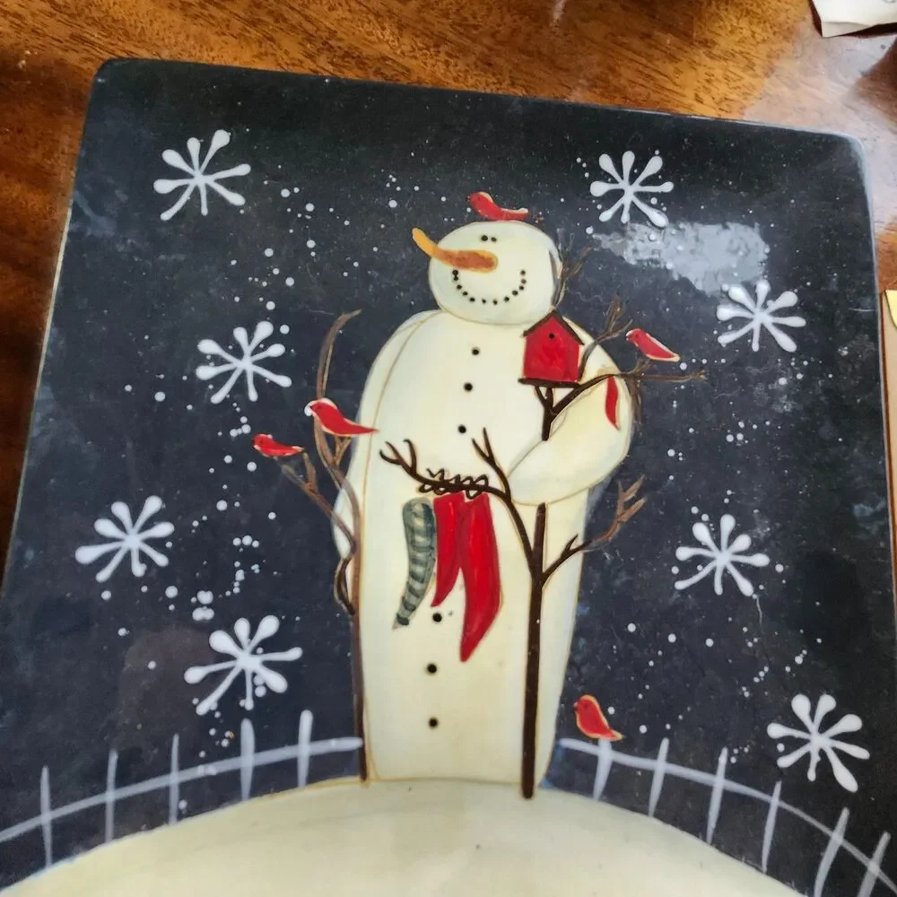 Twilight Snowman Mary Beth Baxter Holiday 4 Plates  2 Dinner & 2 Appetizers